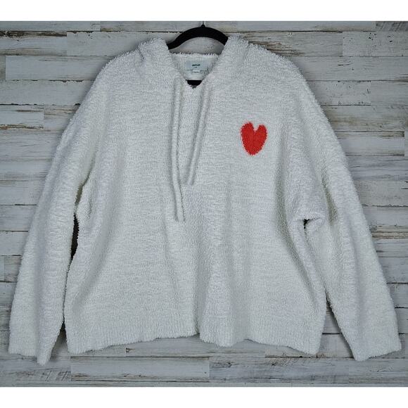 AERIE Women's Hooded White Sweatshirt Red Heart Detail Fleece Size Large - Picture 1 of 8